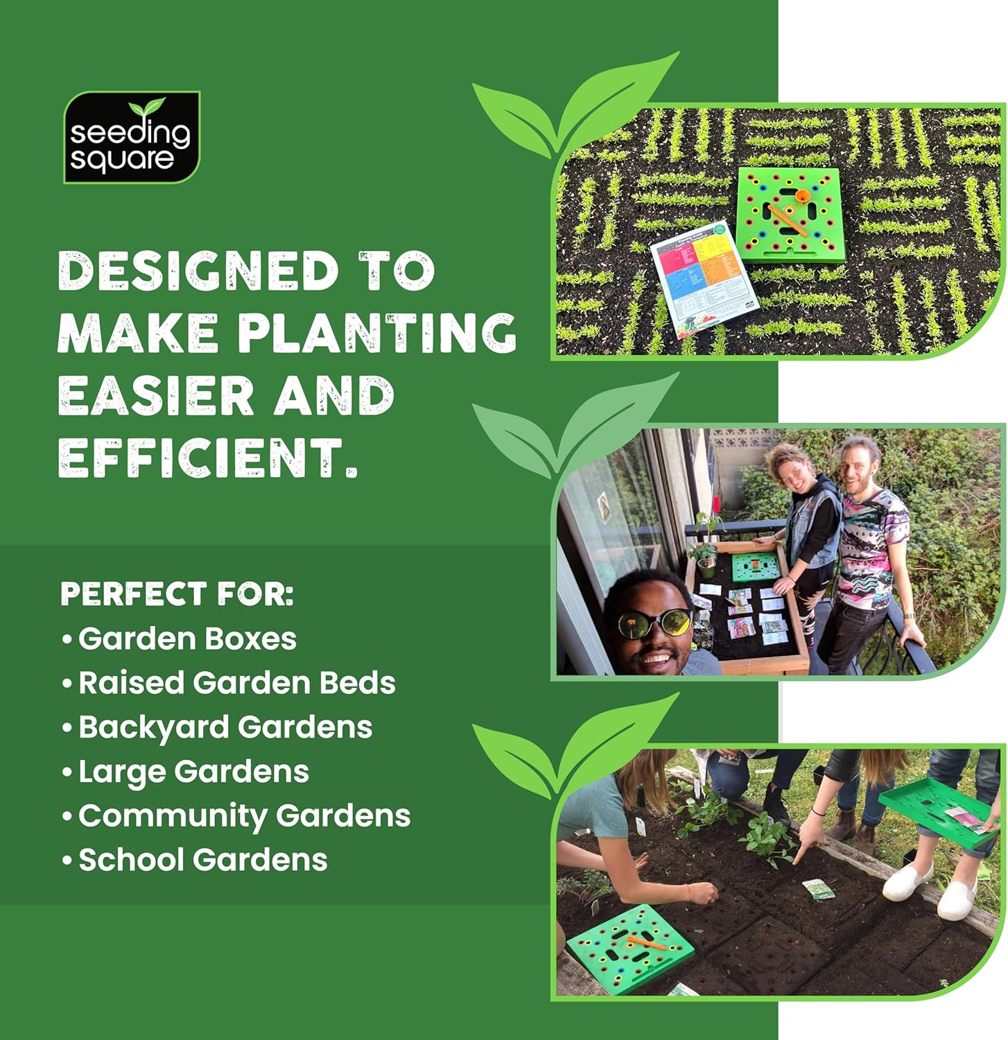 Seeding Square - Patented Seed and Seedling Spacer Tool for Bigger Harvests, Organized Plants & Fewer Weeds – Color-Coded Gardening Template with Dibber, Seed Spoon, Ruler & Planting Guide