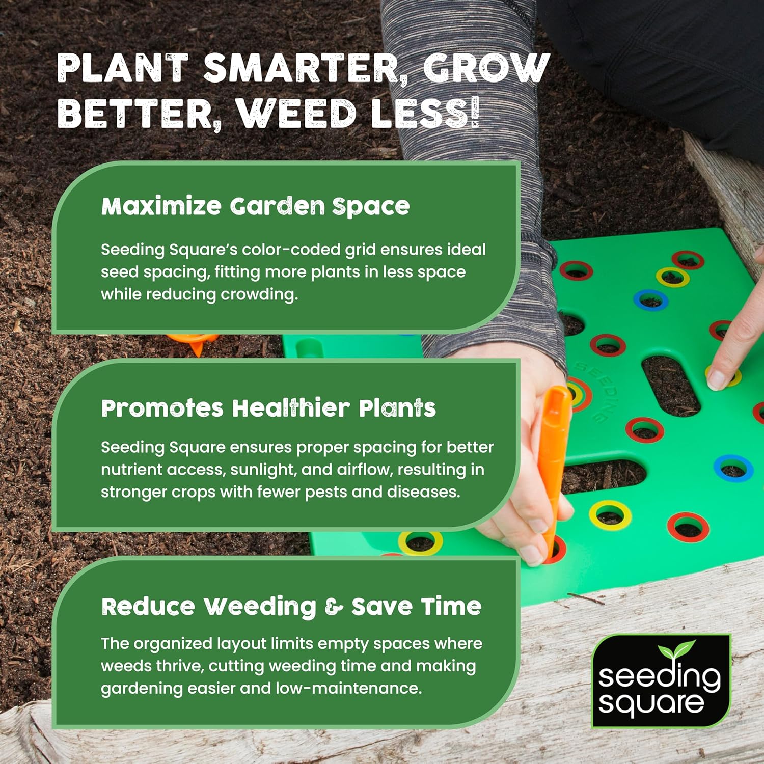 Seeding Square - Patented Seed and Seedling Spacer Tool for Bigger Harvests, Organized Plants & Fewer Weeds – Color-Coded Gardening Template with Dibber, Seed Spoon, Ruler & Planting Guide